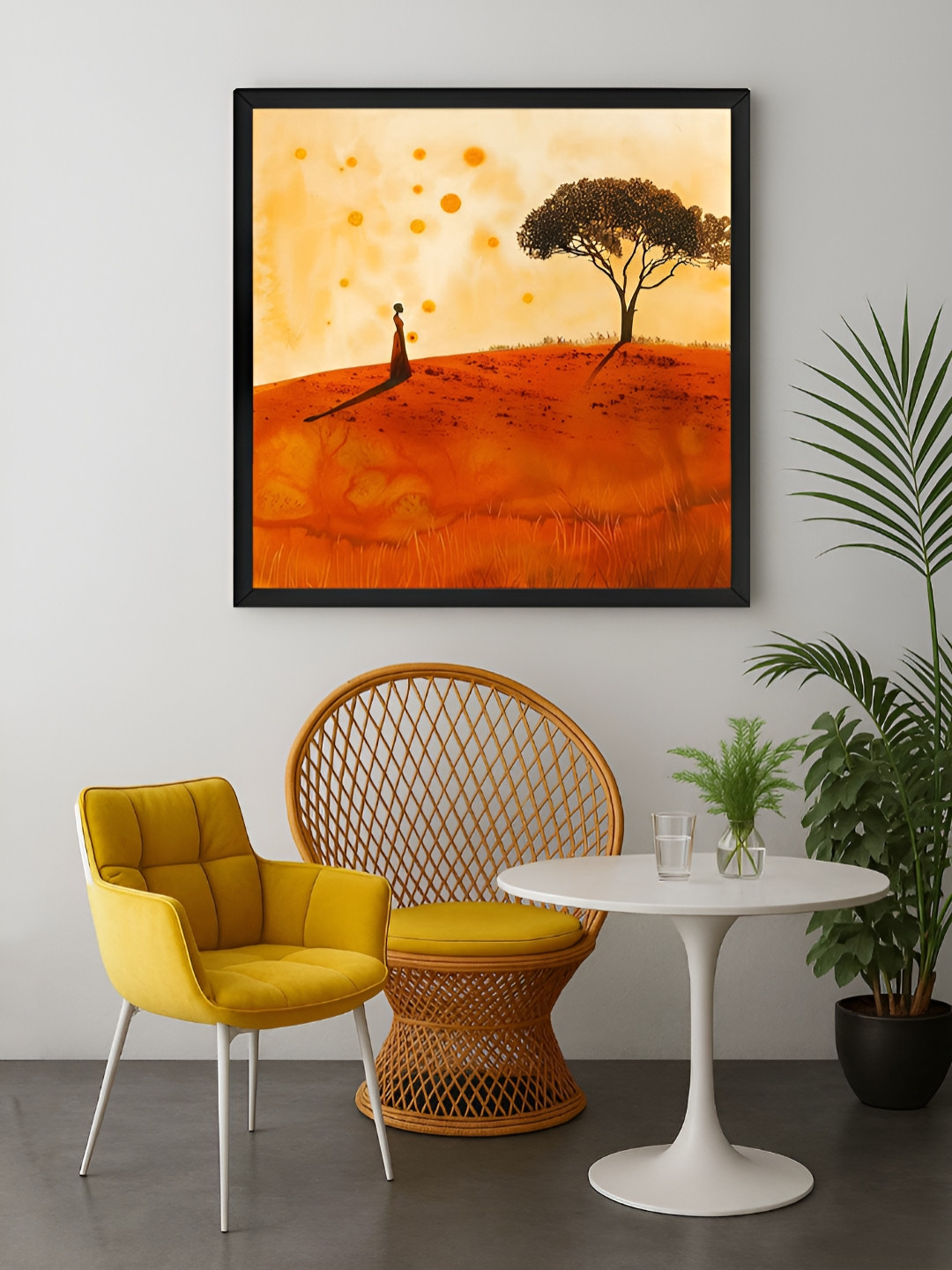 999Store Orange Colored & Yellow Woman Under Tree Printed Canvas Wall Art