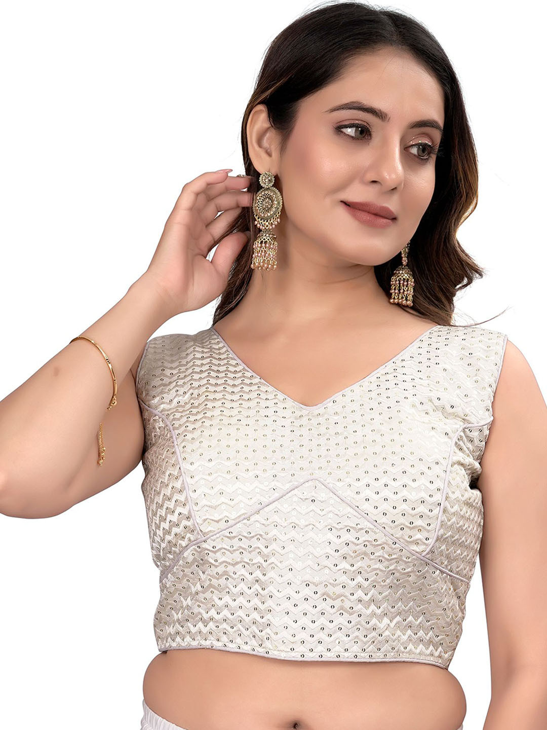 HERE&NOW Embroidered Silk Sequin V Neck Saree Blouse