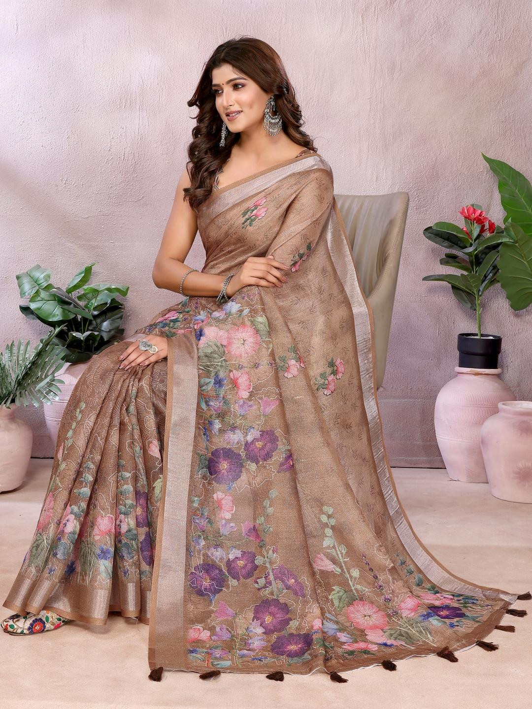 vj fashion Women Linen Simmer Floral Woven Soft Zari Border Saree with Unstitched Blouse