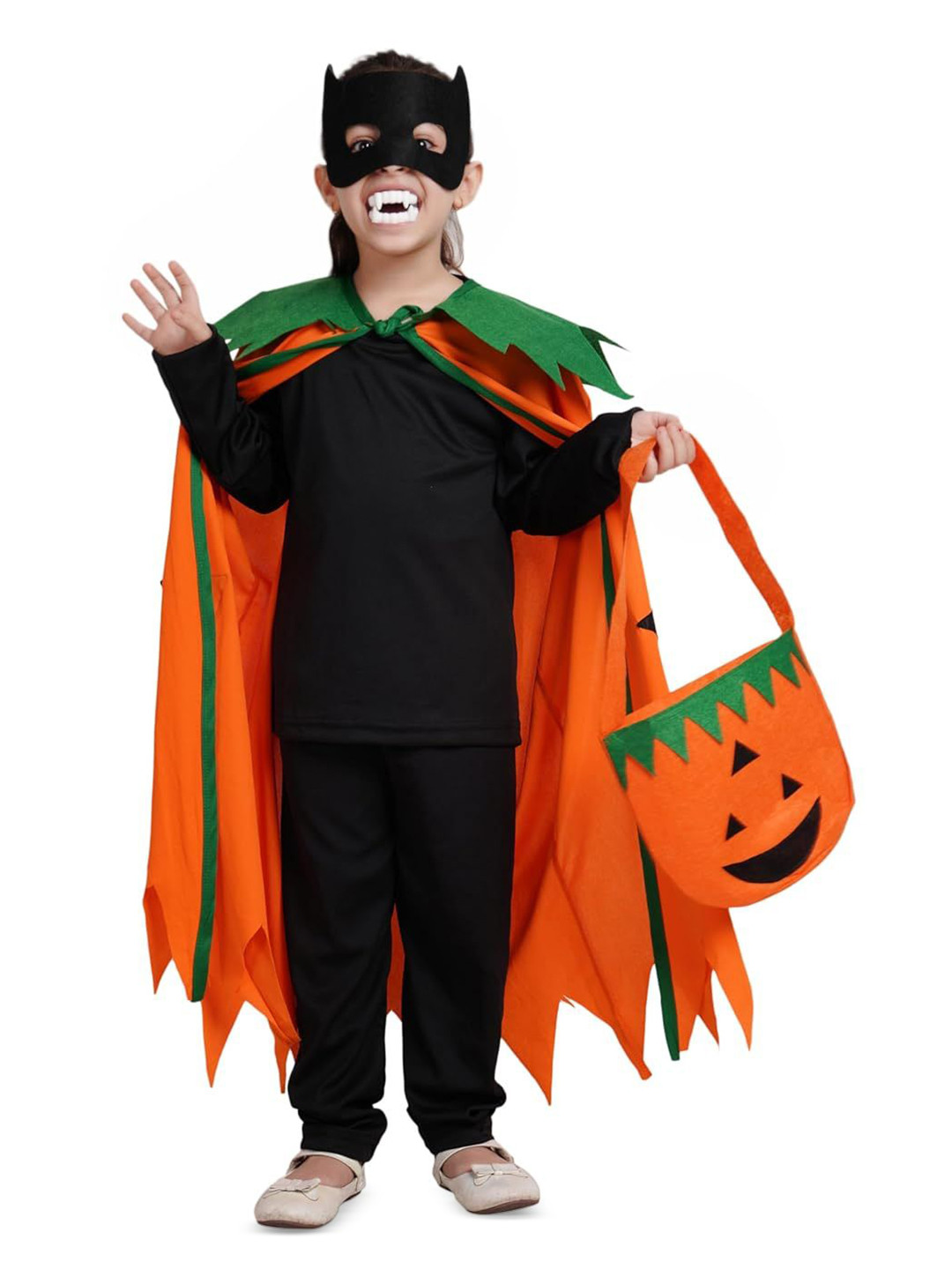 Kaku Fancy dresses Unisex Kids Pumpkin Cape & Eyepatch & Devil Teeth T-shirt With Trouser
