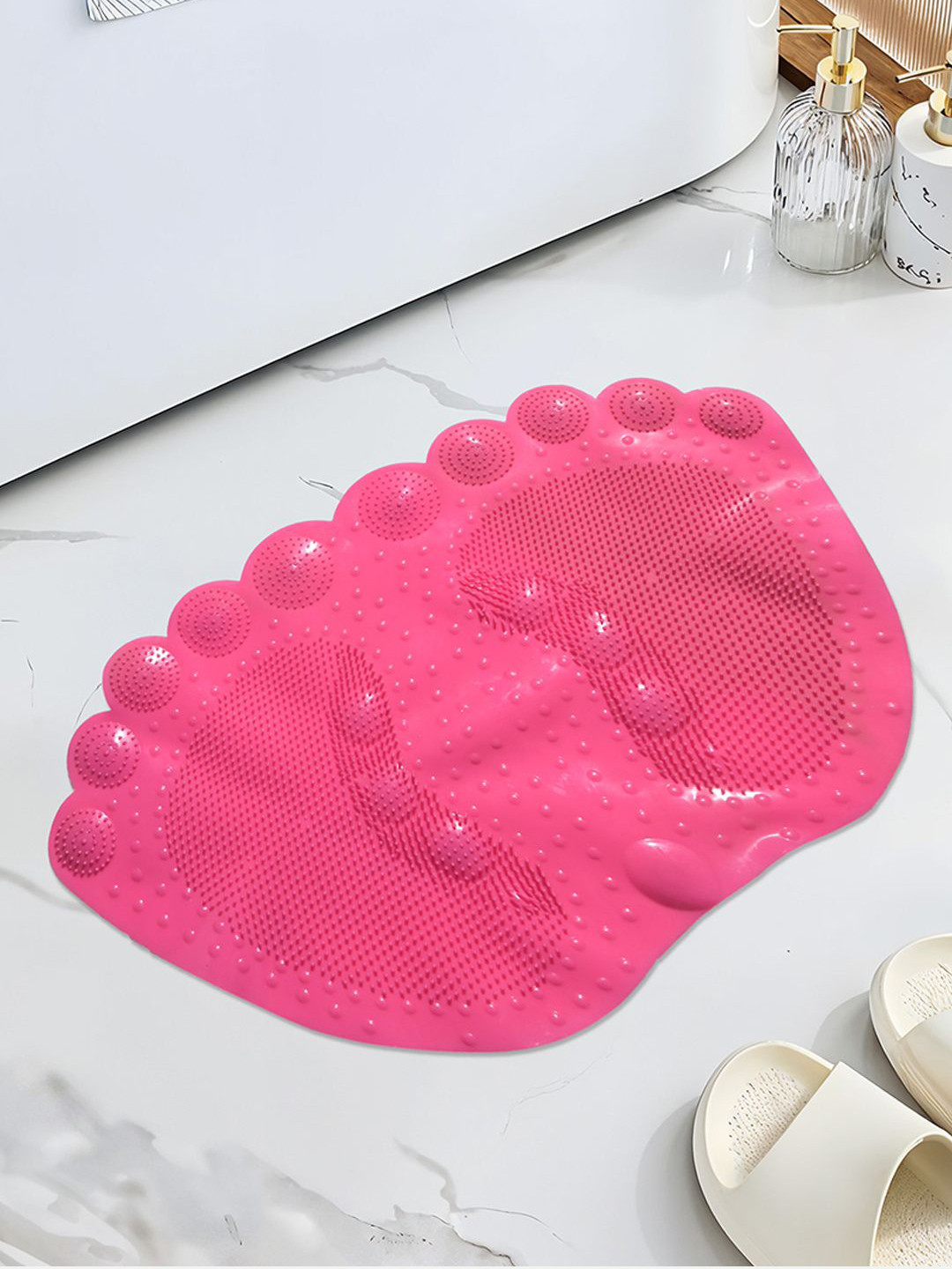 Kuber Industries Pink Anti Skid Bathroom Mat With Suction Cups Foot Shape Bath Rug