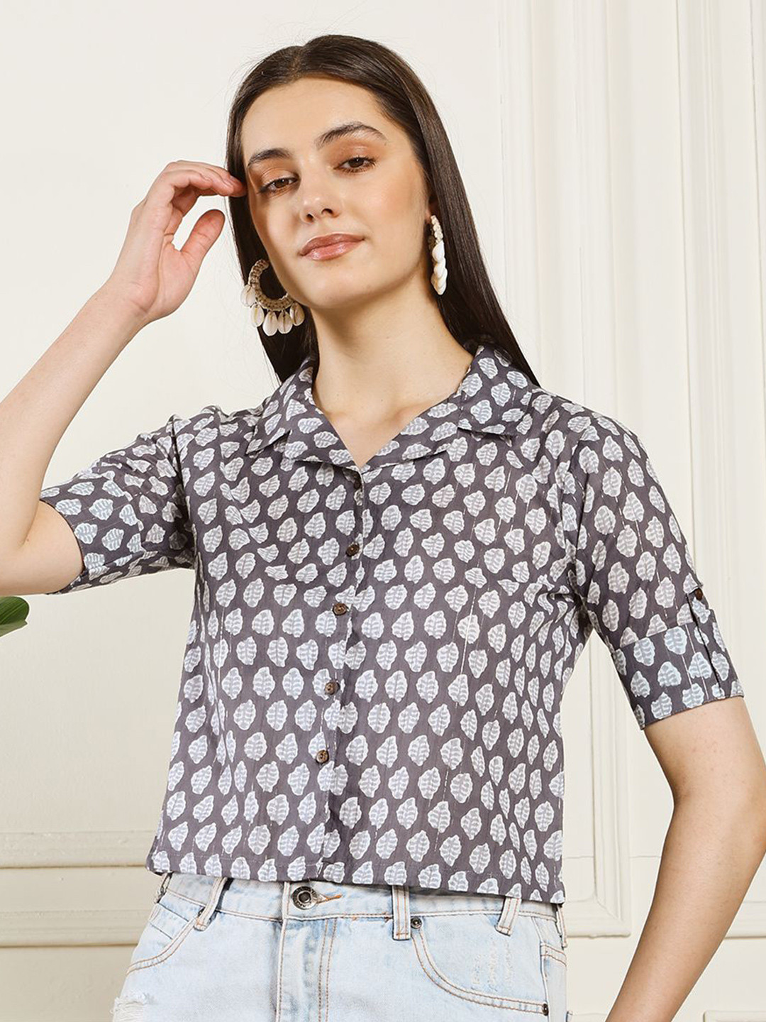 Ravaiyaa Women Roll-Up Sleeves Pure Cotton Shirt Style Top