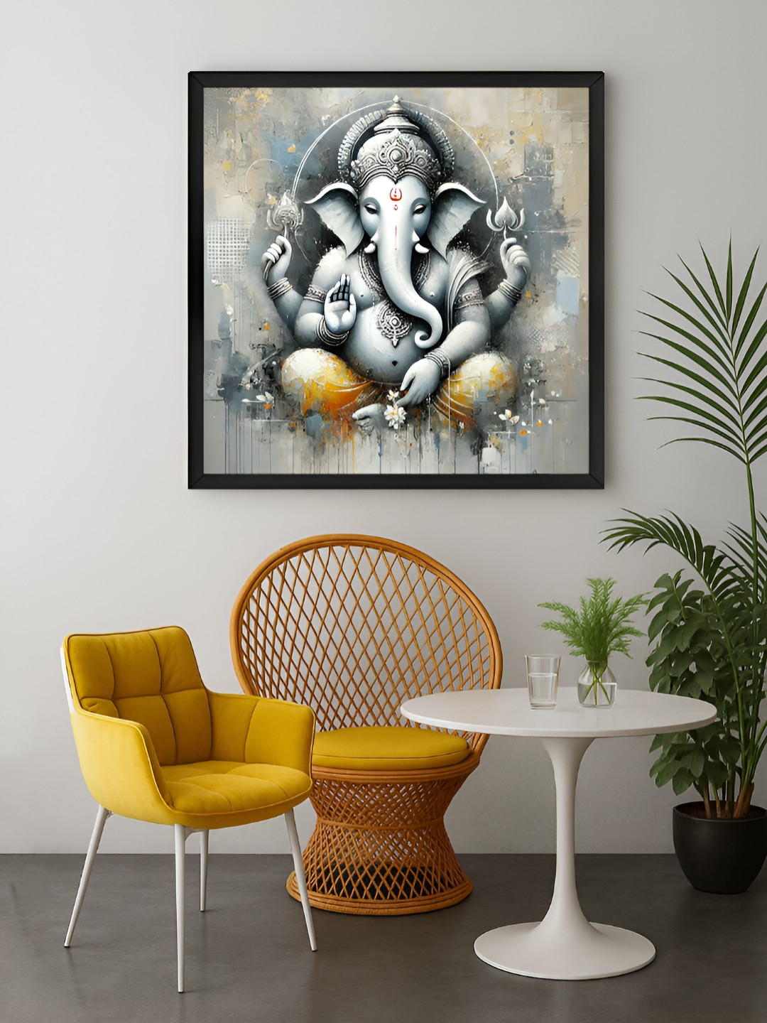 999Store Grey & Orange Colored Lord Ganesha's Printed Canvas Wall Art
