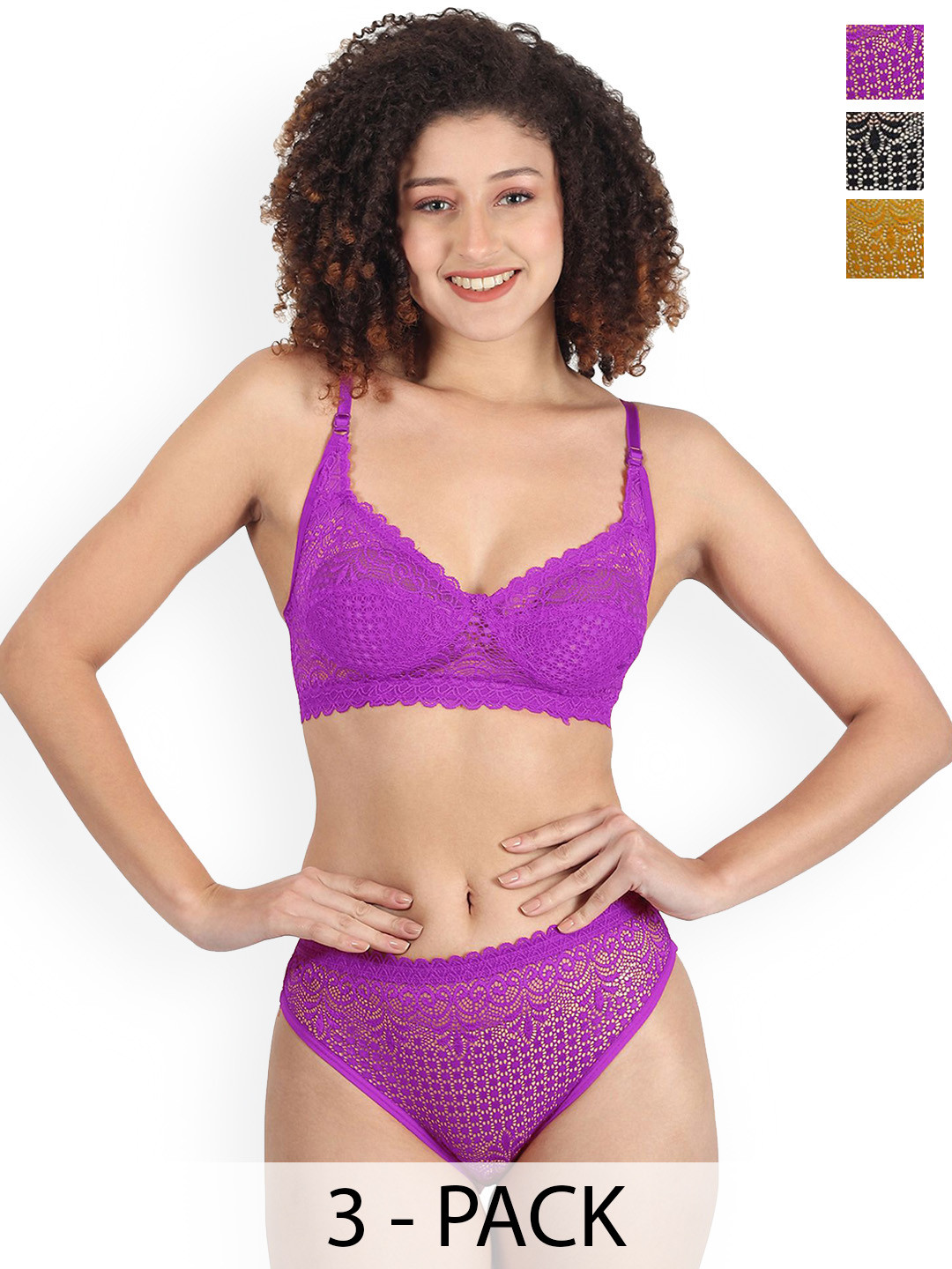 Samvar Pack Of 3 Self-Designed Lingerie Set A-Rain-Set_Bl,Pu,Y