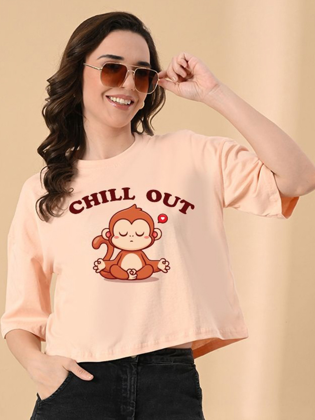 Peach & Brown Graphic Printed Cotton T-shirt