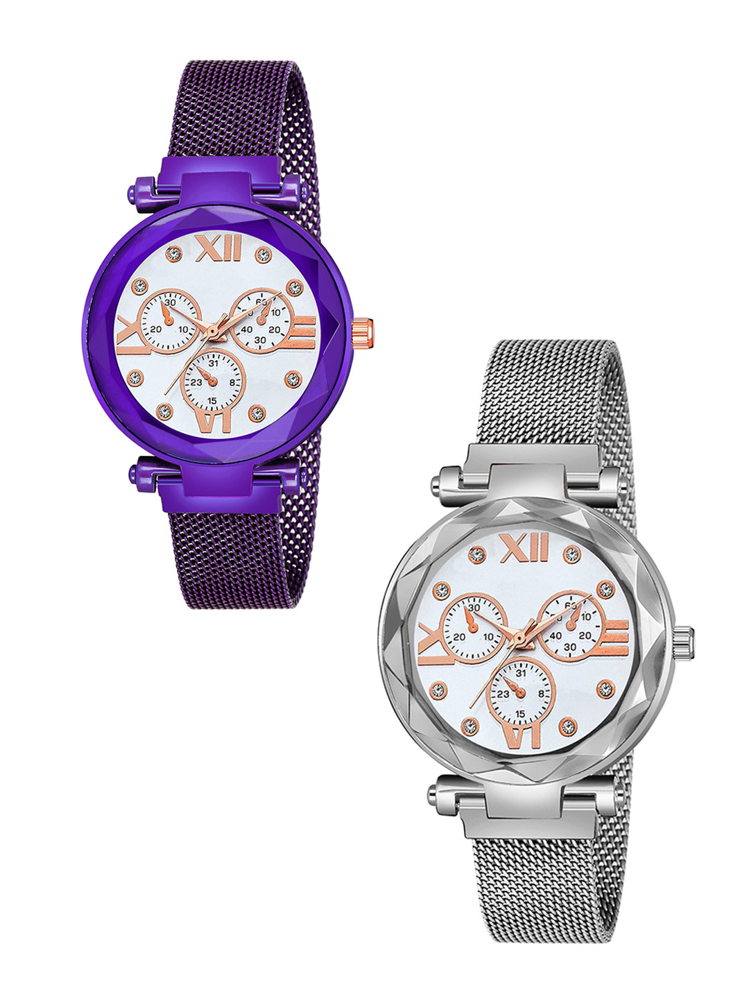 CSAMON Women Dial & Bracelet Style Straps Watch Mina White Dial Purple Silver maganet