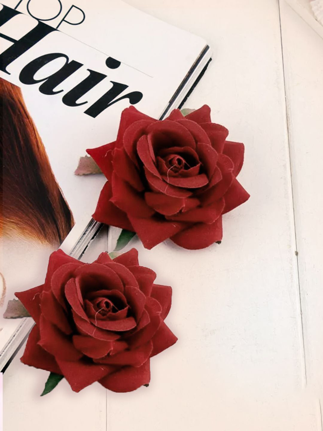 LYKAA Set of 2 Mehroon Artificial Rose Flowers Bun Juda Clips Handmade Bridal Brooch