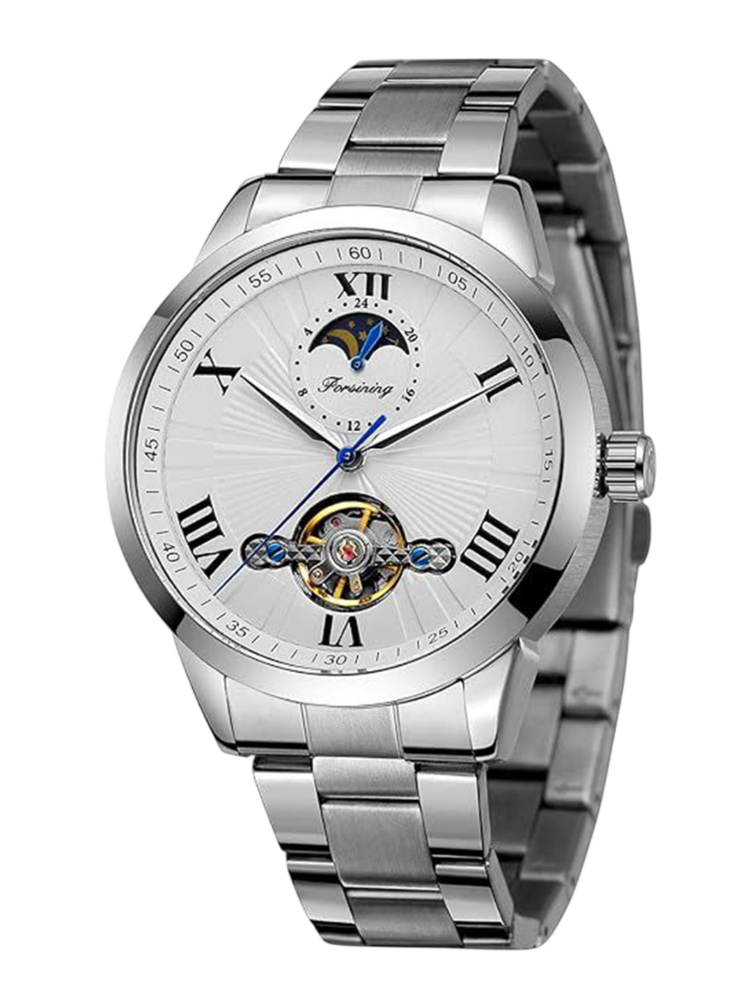 FORSINING Men Analog Watch with Roman Numerals and Stainless Steel Strap