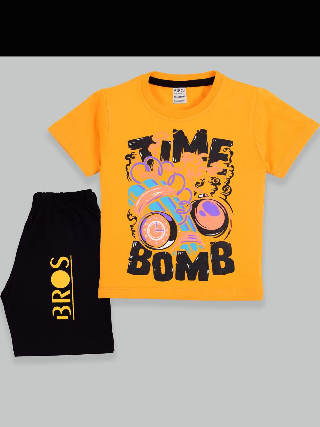 3BROS Yellow & Black Kids Printed T-shirt with Shorts Clothing Set