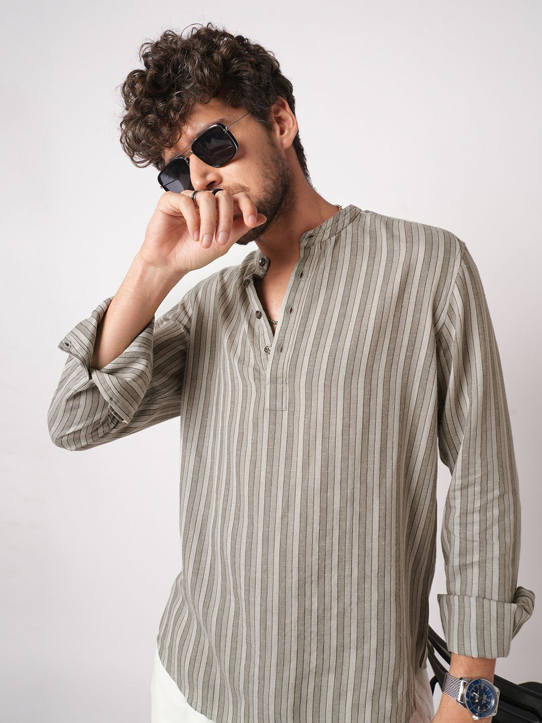 VASTRADO Awning Striped Band Collar Cotton Kurta