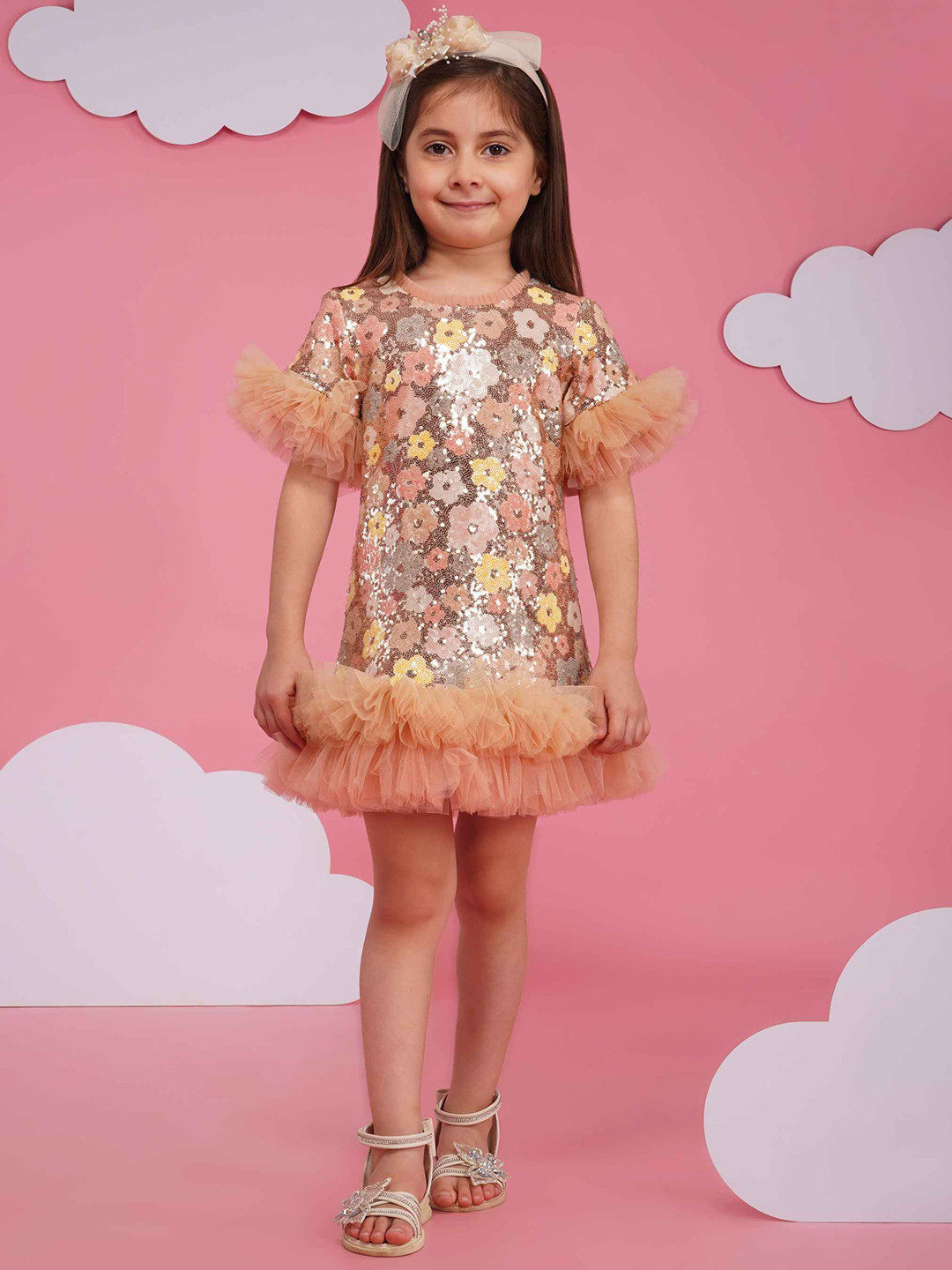 HOITY MOPPET Girls Embellished Ruffles Detail Linen Satin Sheath Dress