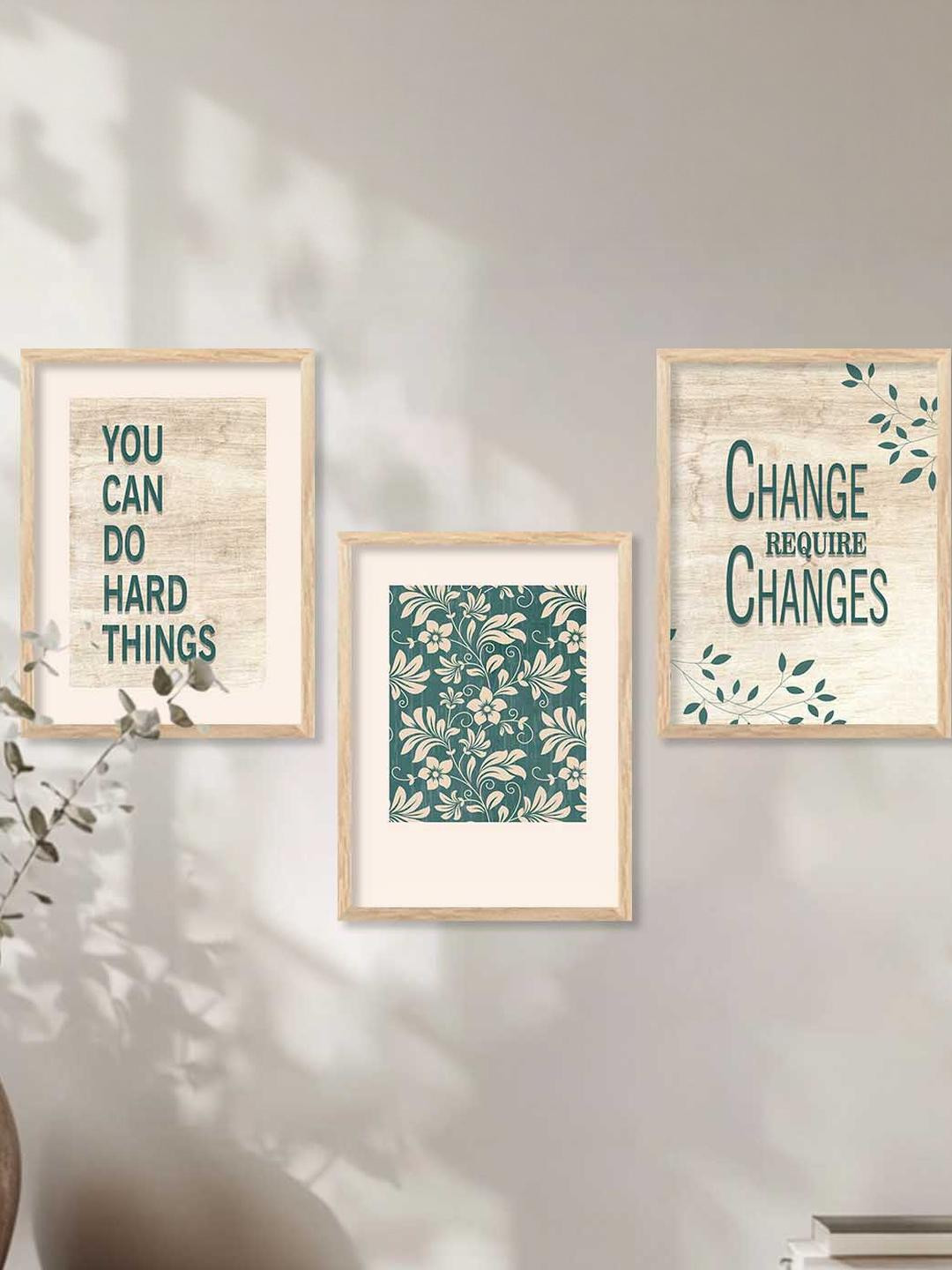 WALLLANE  3 Piece Beige & Green Wooden Abstract And Typographical Wall Paintings