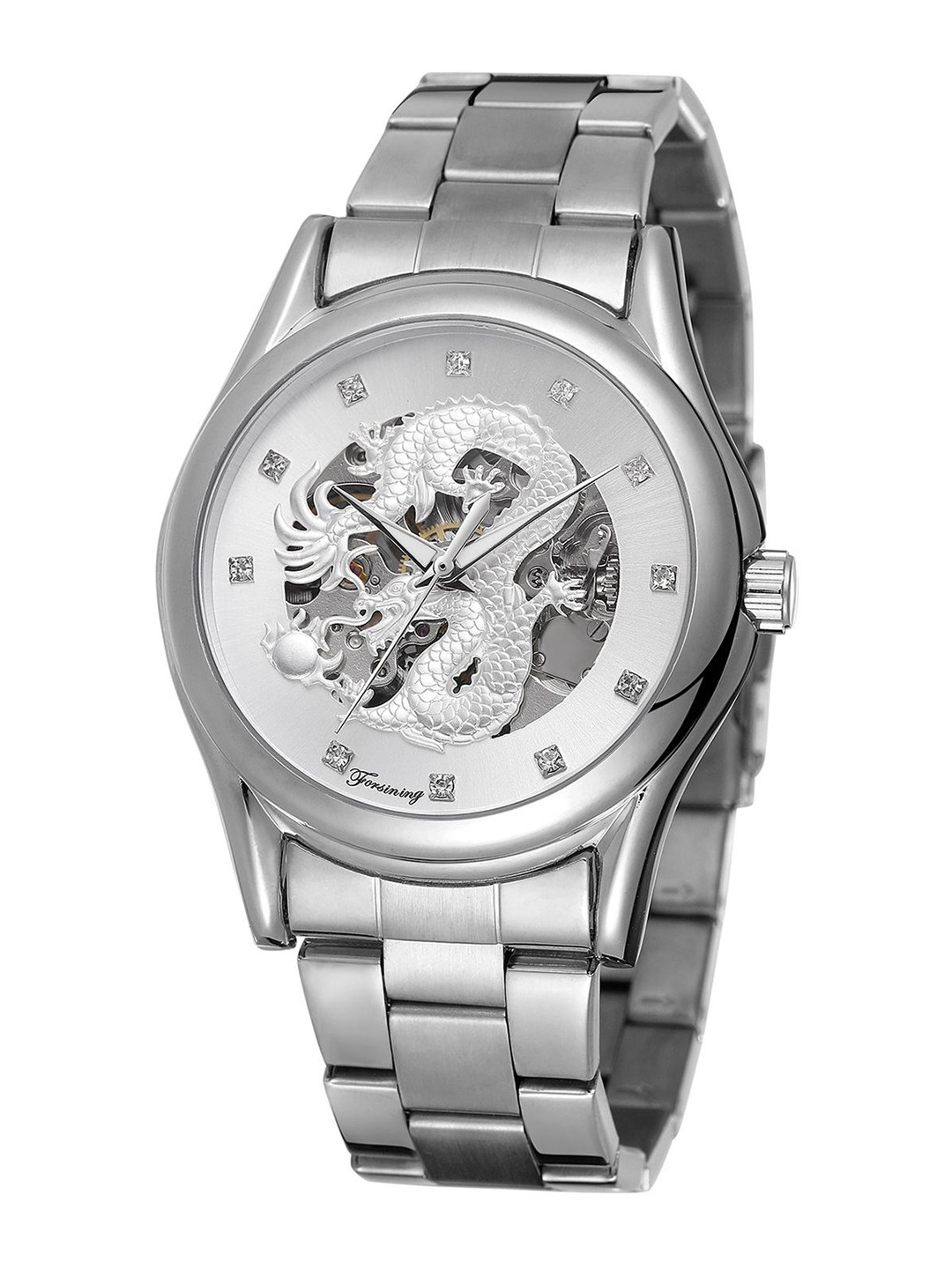 FORSINING Men Dragon Pattern Watch with Stainless Steel Strap Skeleton Dial