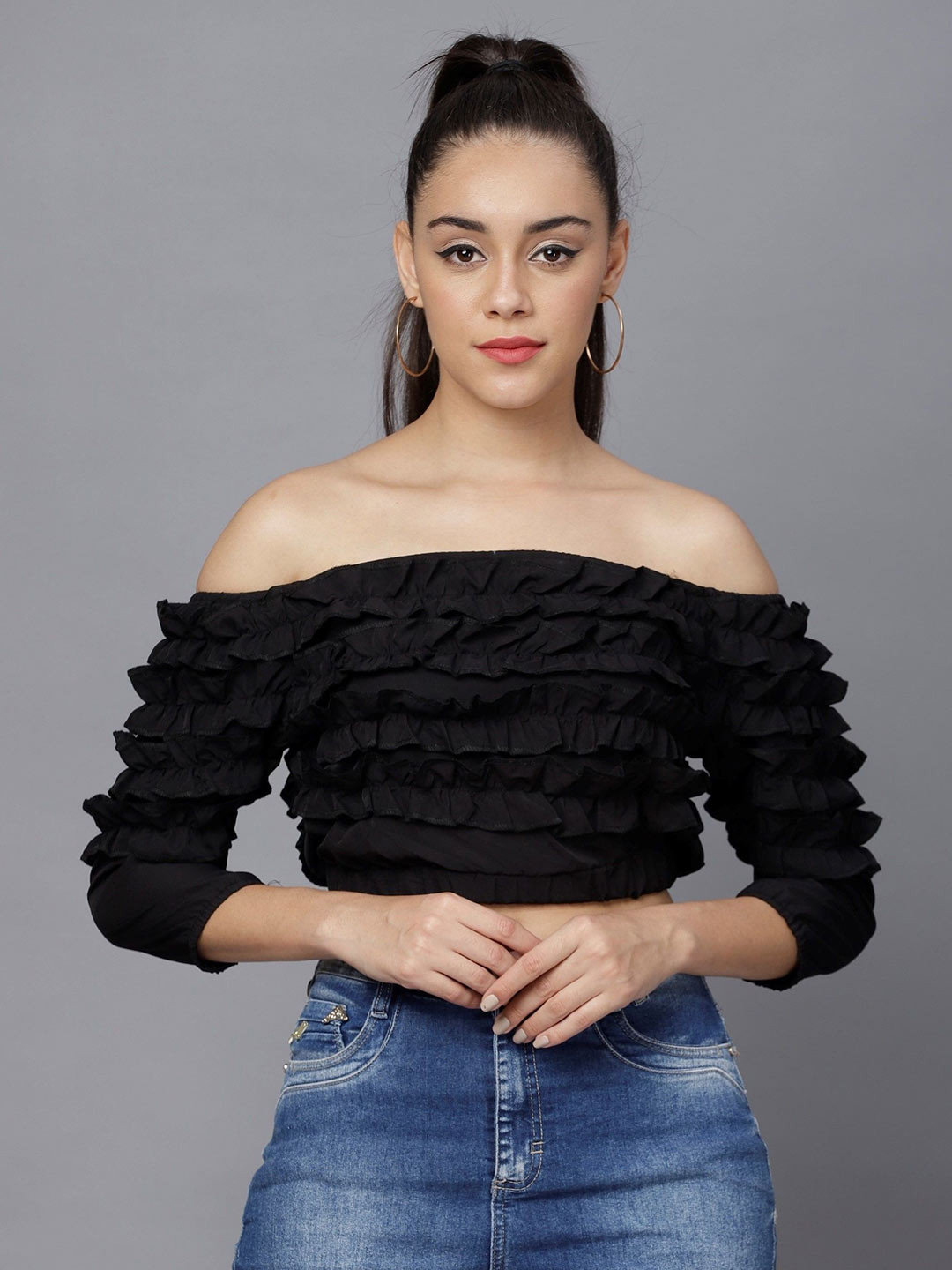 TANDUL Off-Shoulder Puff Sleeve Frills Detail Bardot Crop Crepe Top