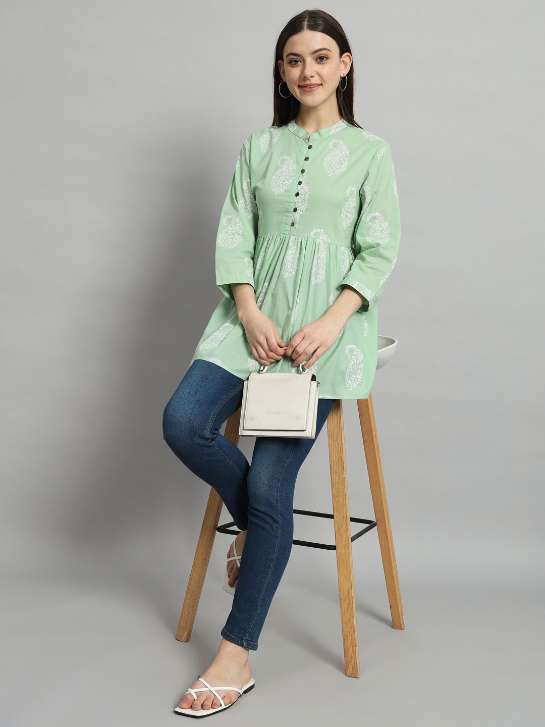 Ravaiyaa Women Paisley Printed Gathered or Pleated Mandarin Collar Peplum Longline Top
