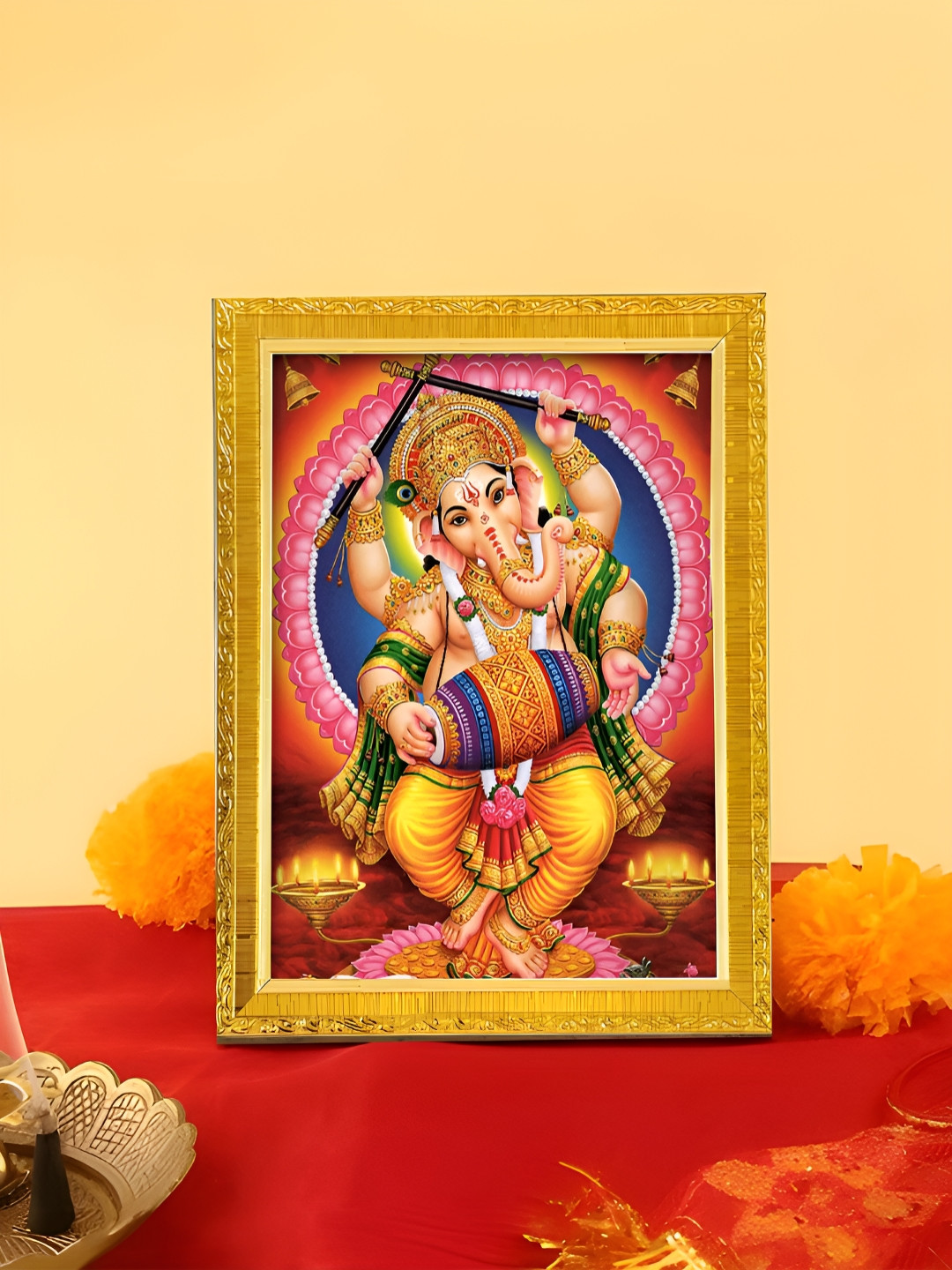 Art Street Gold Toned & Pink Dancing Lord Ganesha Printed Photo Frame