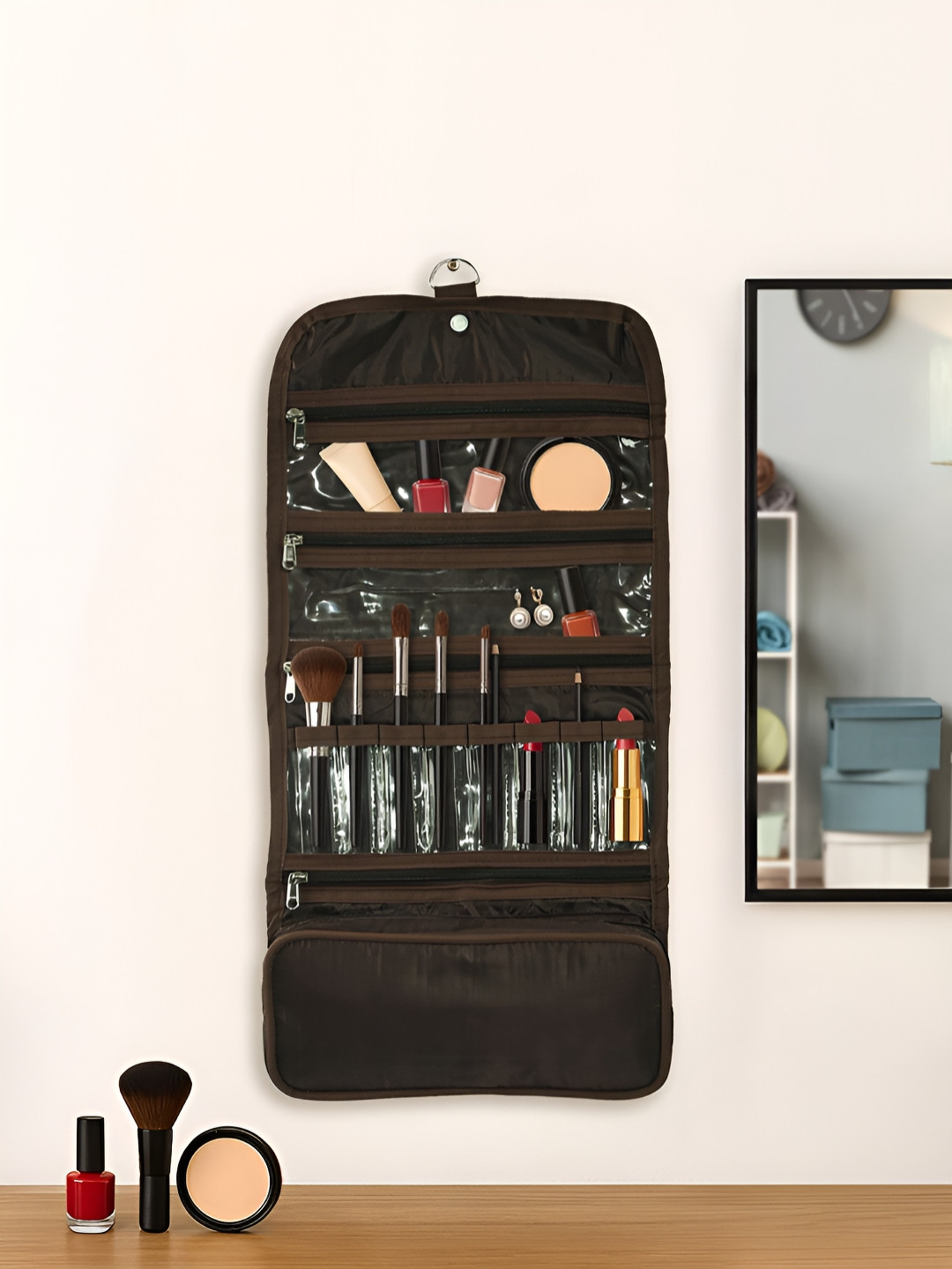 Aura Brown Hanging Makeup Kit with Snap Button Organiser
