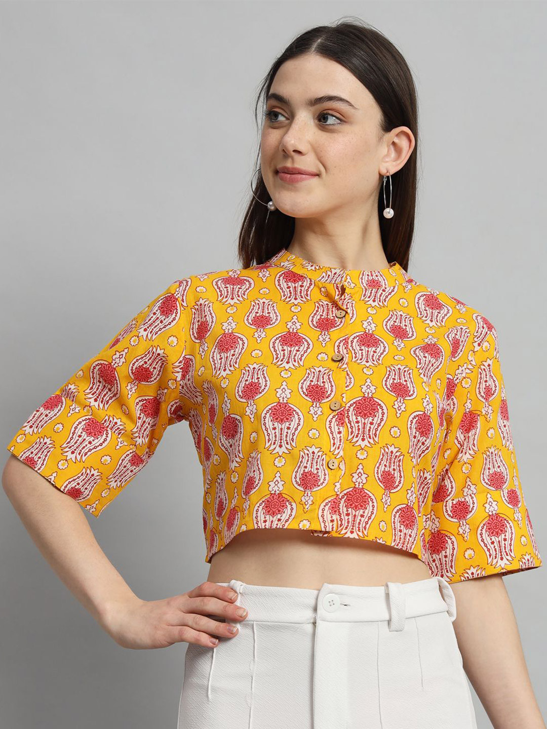 Ravaiyaa Women Floral Printed Mandarin Collar Cotton Boxy Crop Top