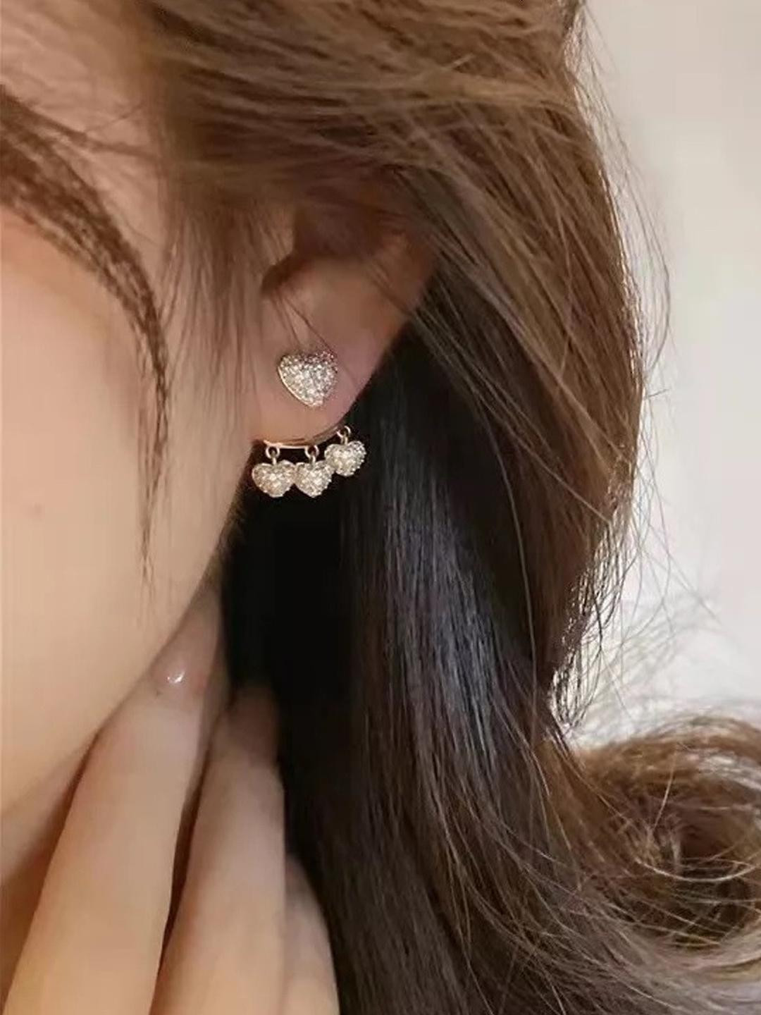 TheVineGirl Korean Studded Heart Tassels Shiny Stud Earrings