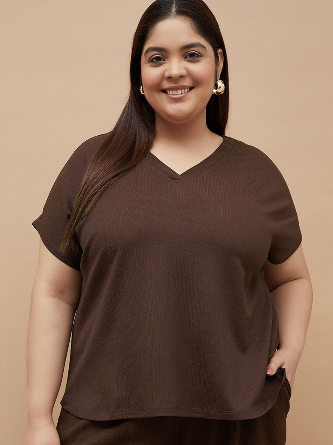 Nexus by Lifestyle Women Plus Size Self Design V-Neck Extended Sleeves Regular Top