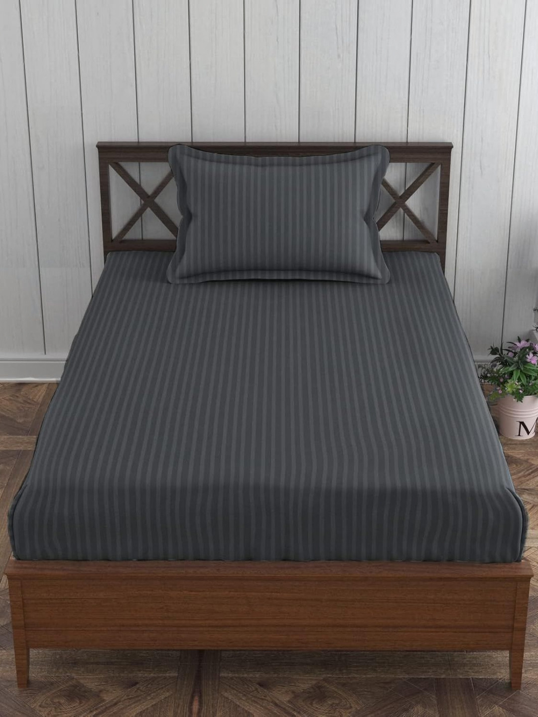 Trance Home Linen Grey Striped Pure Cotton Single Fitted Bedsheet Set 1.98 m x 0.91m