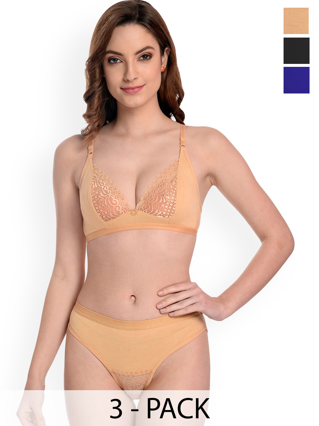 Samvar Pack Of 3 Self Design Non Padded Lingerie Sets A-Yani Set_B,Bl,Br