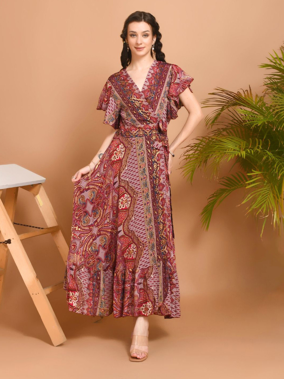 Boholyfe Maribel Women Paisley Printed Flutter Sleeve Wrap Maxi Dress