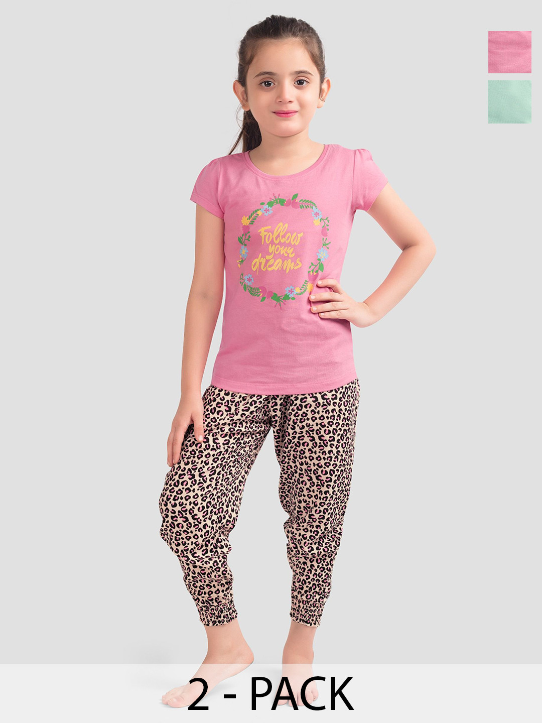 PLUM TREE Girls Pack Of 2 Printed Pure Cotton T-shirts With Pyjamas