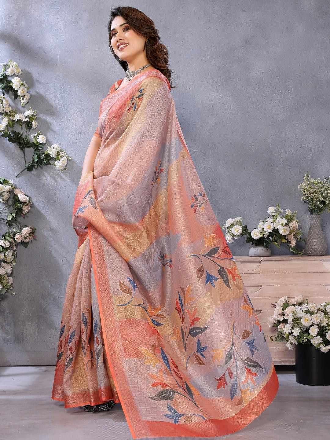 vj fashion Women Linen Simmer Floral Woven Soft Zari Border Saree with Unstitched Blouse