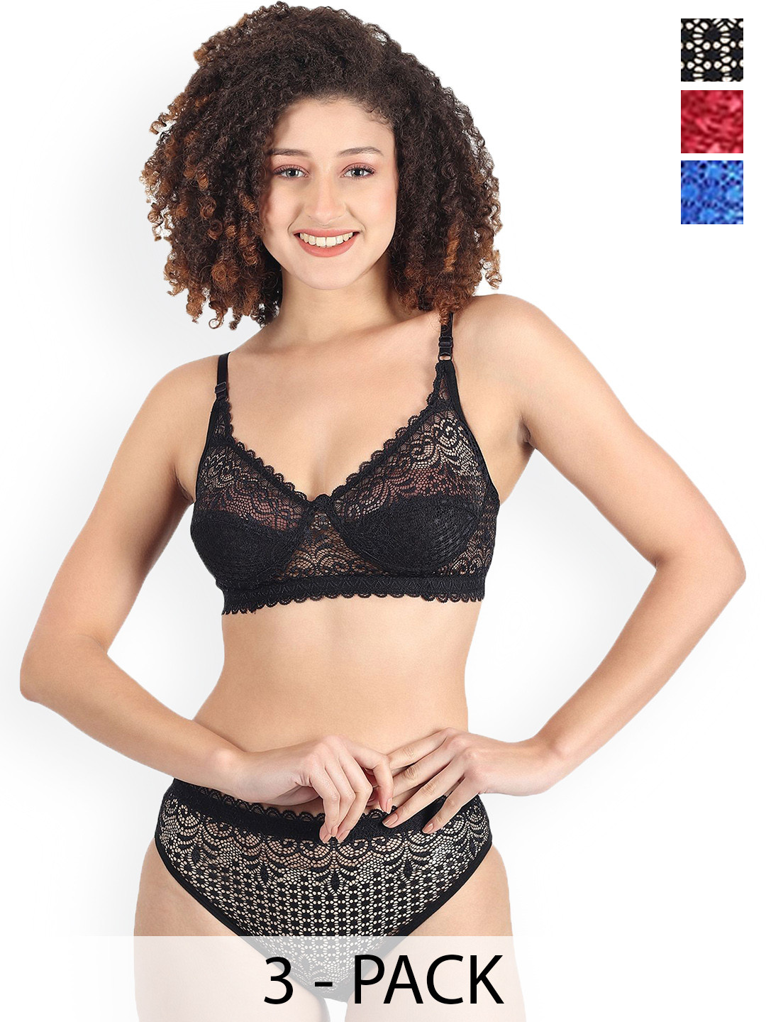 Samvar Pack Of 3 Self Design Non Padded Lingerie Sets A-Rain-Set_B,Bl,M