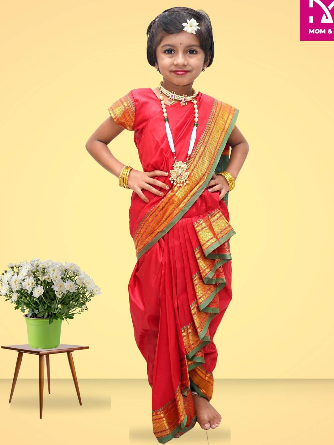 Mom and Me Kids-Girls Red Pure Cotton Saree