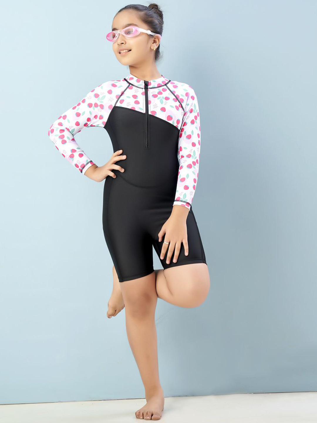 BAESD Girls Strawberry Printed Swim Suit With Goggles