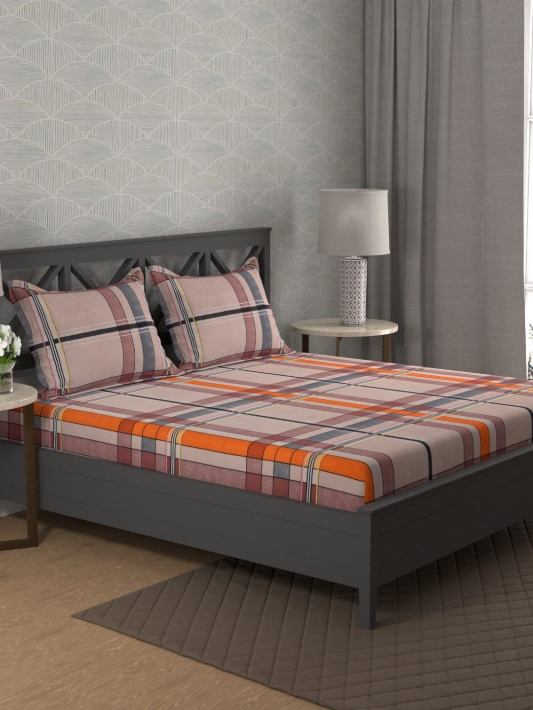 home expressions Pink & Orange Geometric 130 GSM Microfiber Queen Bedsheet Set 2.24mX2.54m