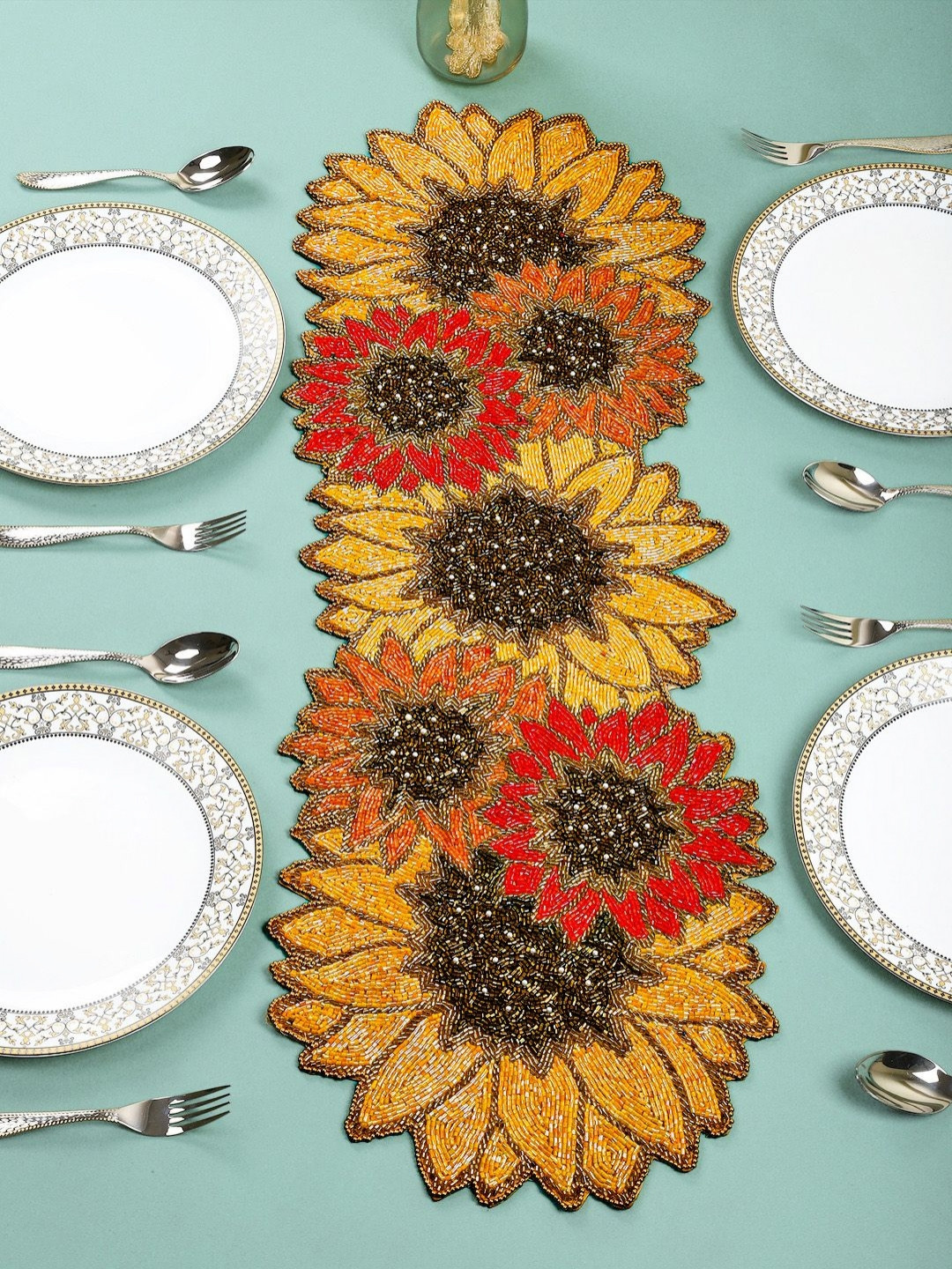 YWULY Yellow & Red Floral Beads Embroidered Table Runner