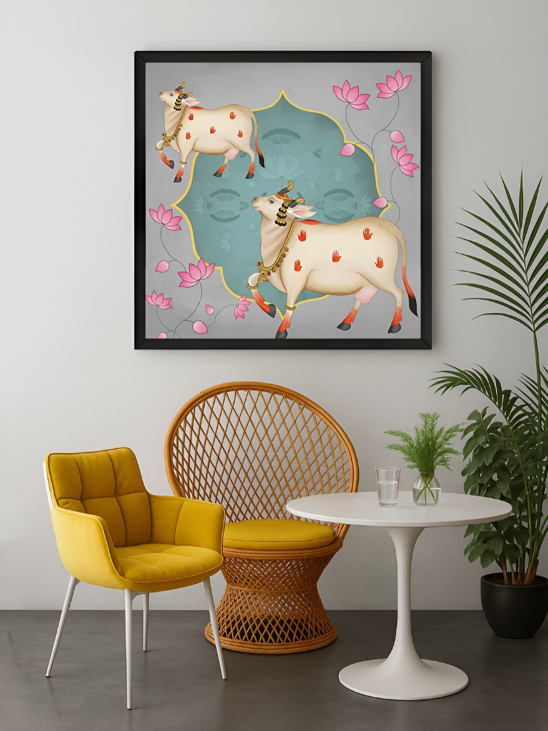 999Store Grey & Green Ornamental Cow and Lotus Flower Canvas Wall Art