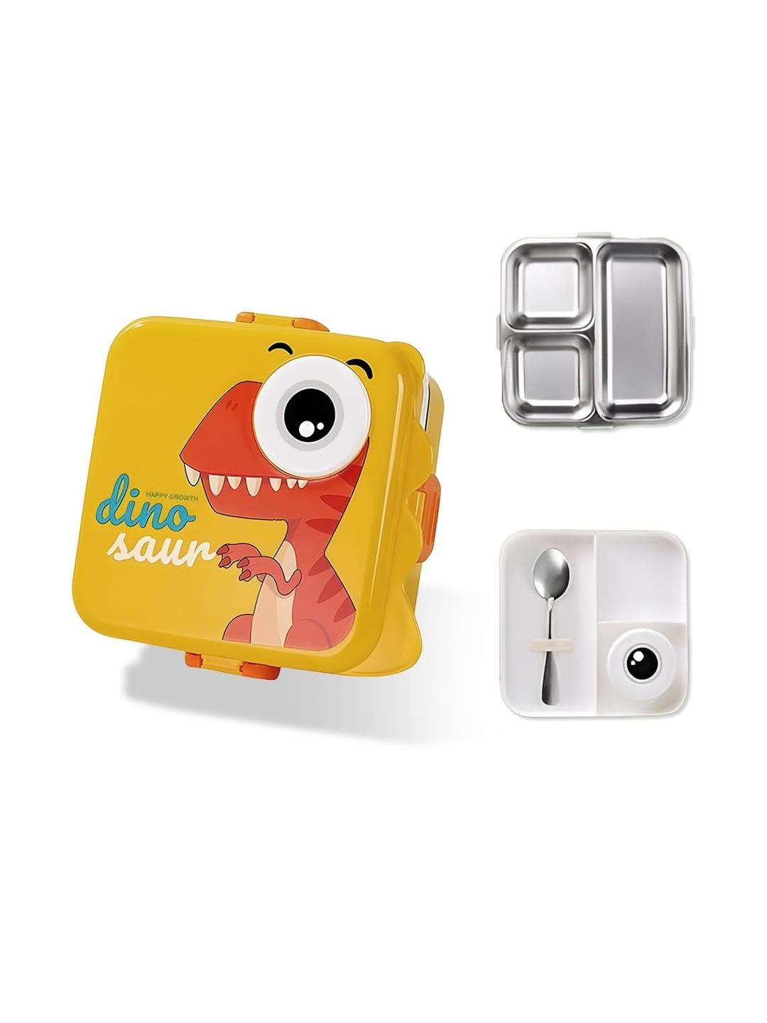 JOYFILLS Dino Printed 2 Layer Detachable Tray Leak Proof Lunch Box with Steel Spoon