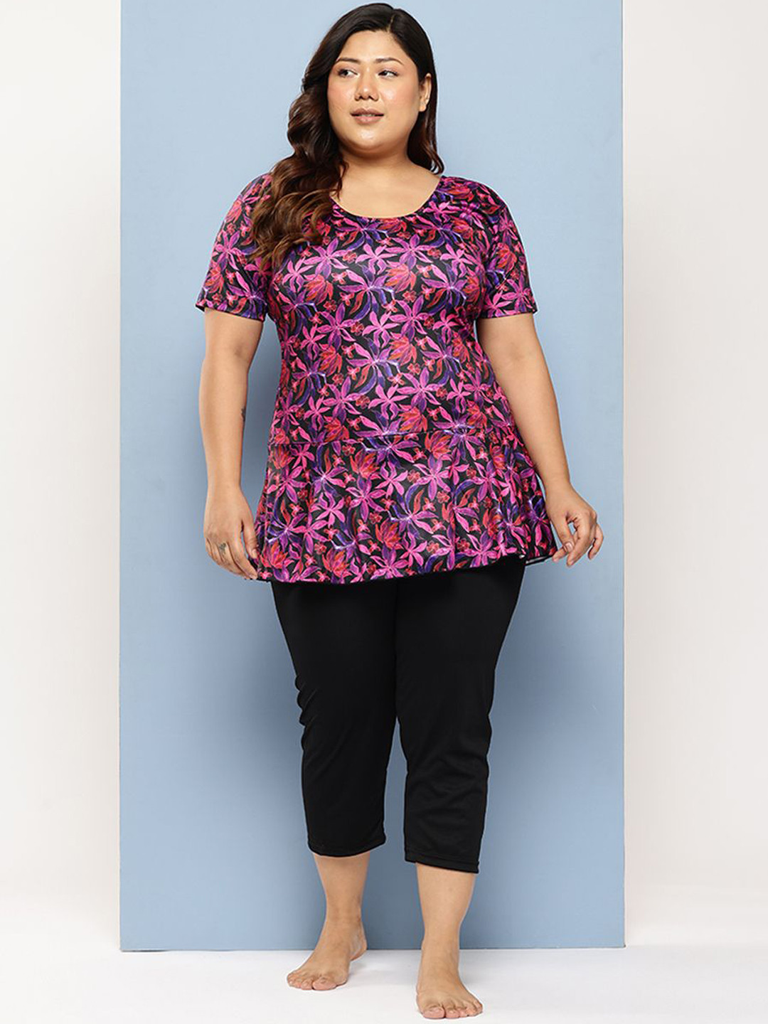 BAESD Floral Printed Plus Size Swimwear & Attached Tights With Cap