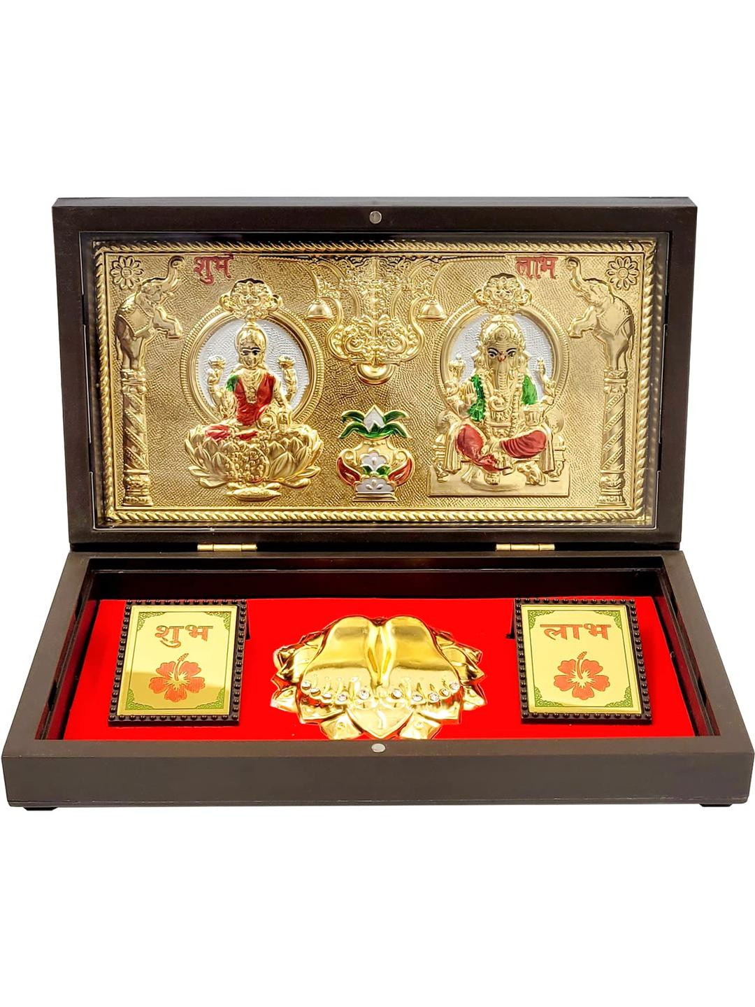 Arnavira Lakshmi Ganpati Kalash Brass Gold Photo Frame With Charan Paduka Pocket Temple
