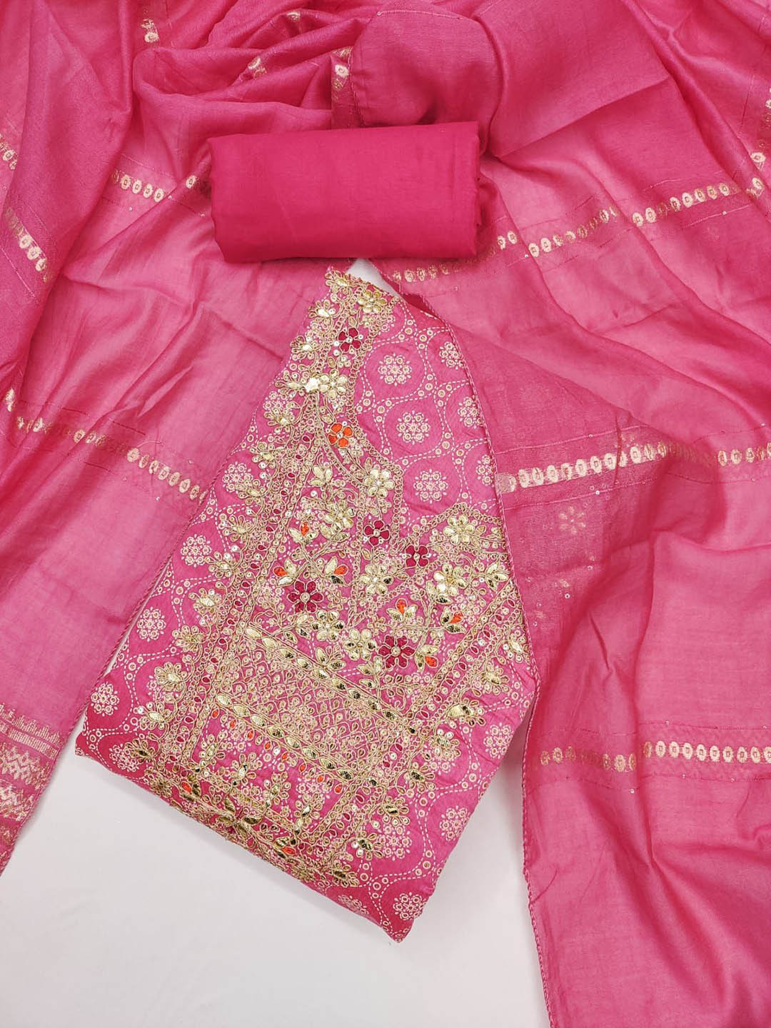 HE VAHLA Flora Printed Zari Chanderi Silk Unstitched Dress Material