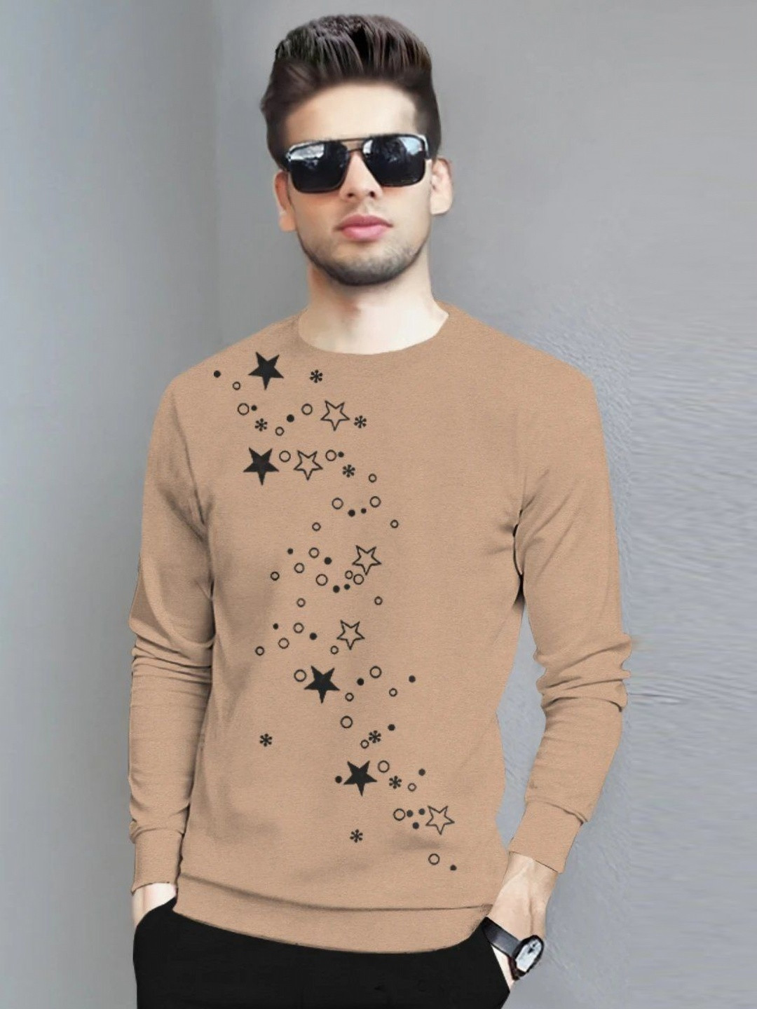 Beige Abstract Printed Round Neck Regular Fit T-shirt