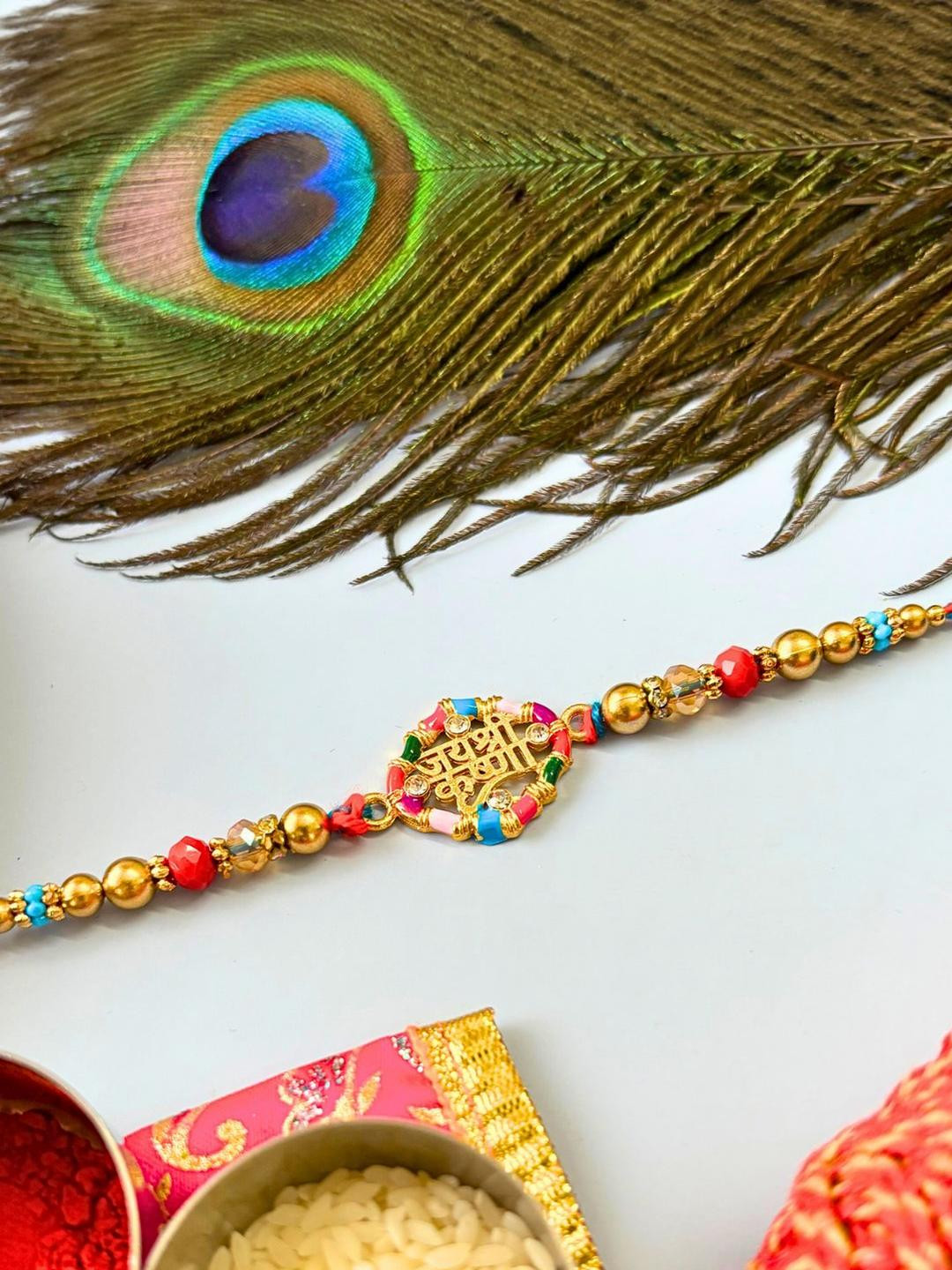 Golden Stone Studded & Beaded Thread Rakhi Traditional Handmade Rakhi for Brother