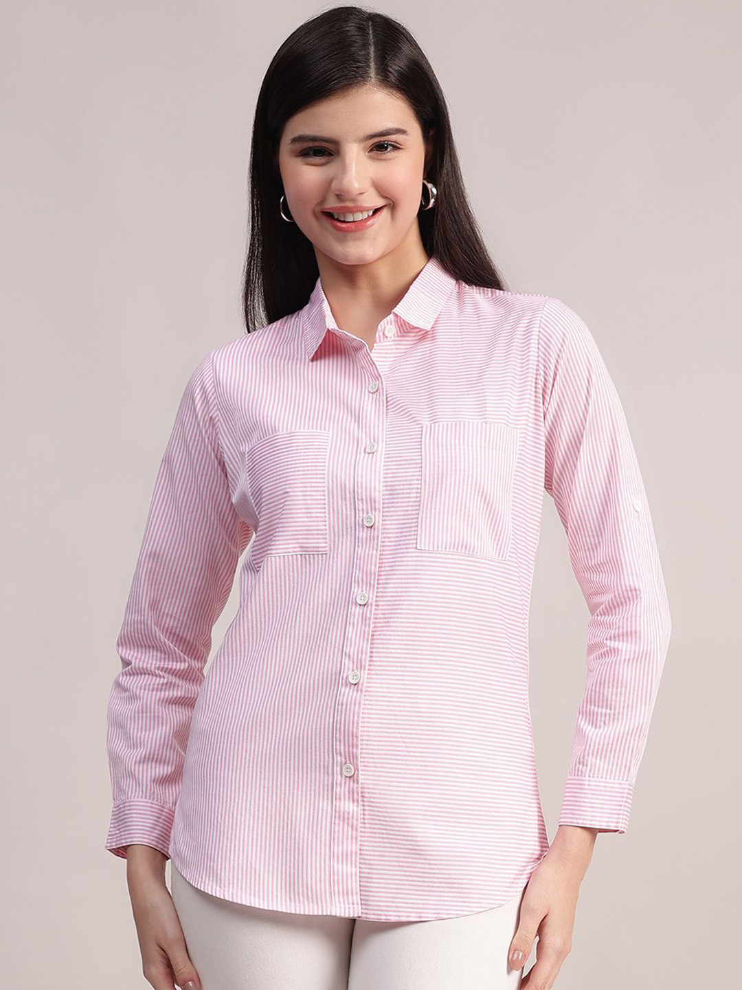 AC&F Women Classic Fit Vertical Striped Spread Collar Cotton Casual Shirt