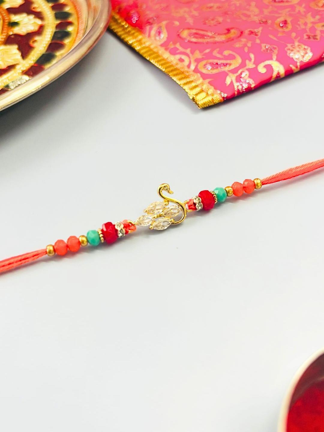 Om American Diamond Swan Accent Handmade Rakhi Traditional Stone Studded & Beaded Thread Rakhi for Brother
