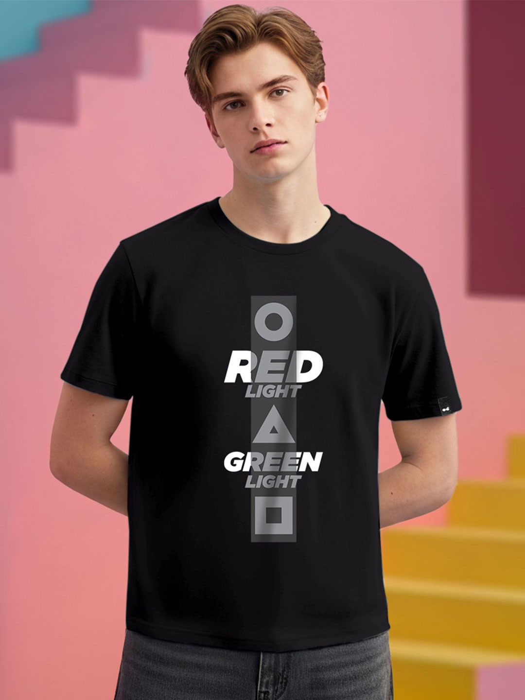 Bewakoof Official Squid Game Merchandise Jet Black Red Light Green Light Printed T-shirt