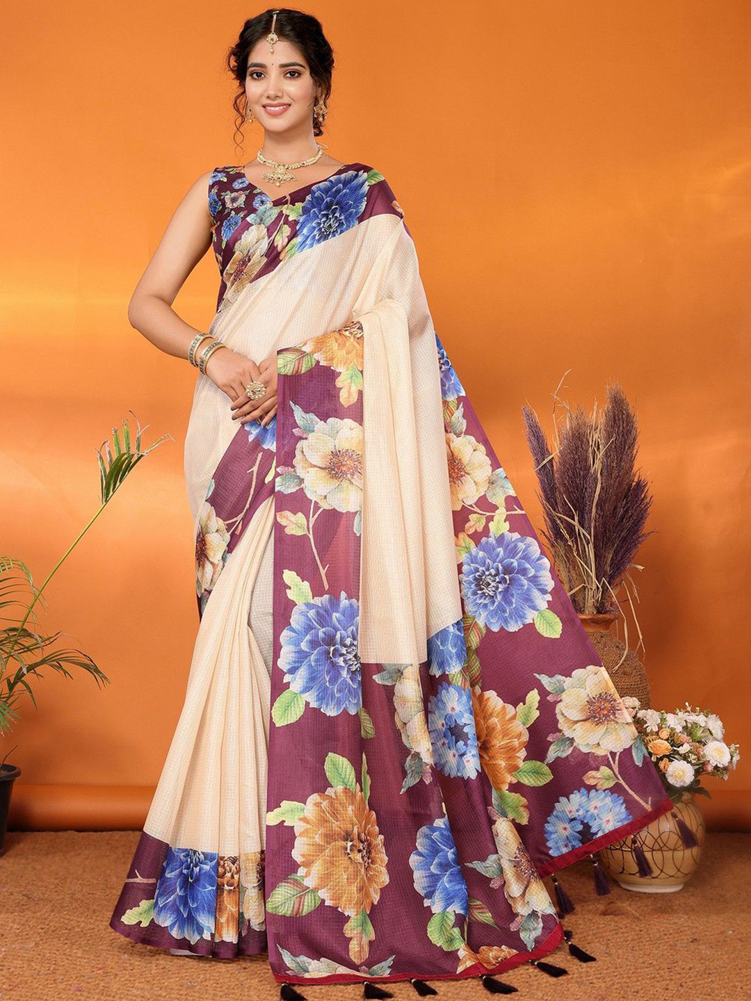 Lookmark Floral Block Printed Kota Doria Saree