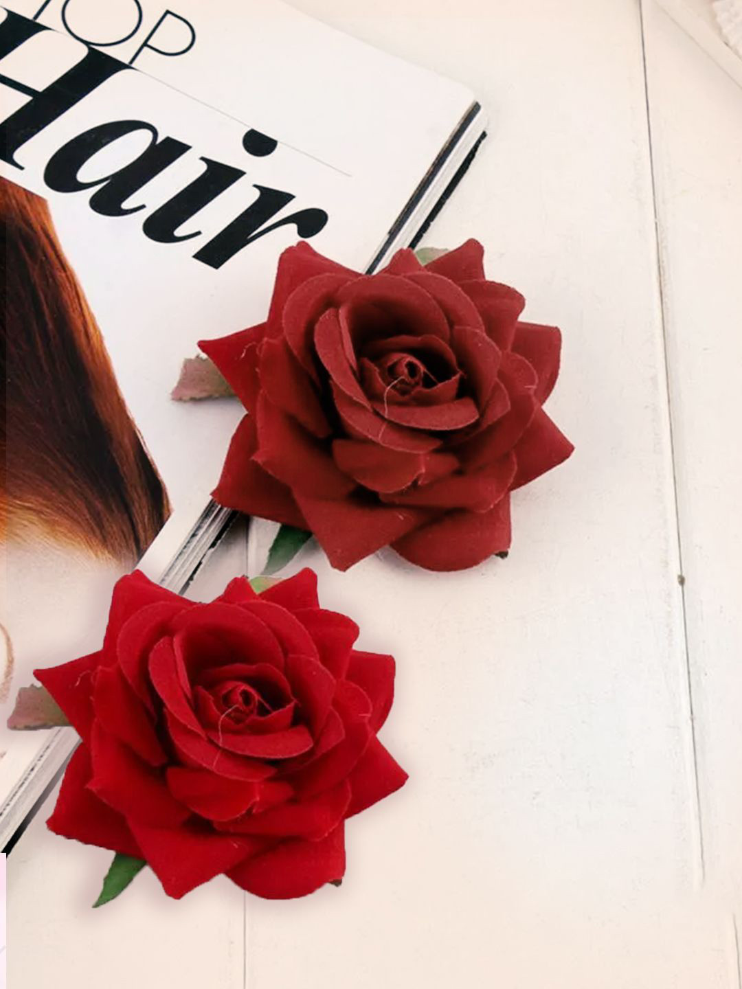 LYKAA Set of 2 Mehroon & Red Artificial Rose Flowers Bun Juda Clips Handmade Bridal Brooch