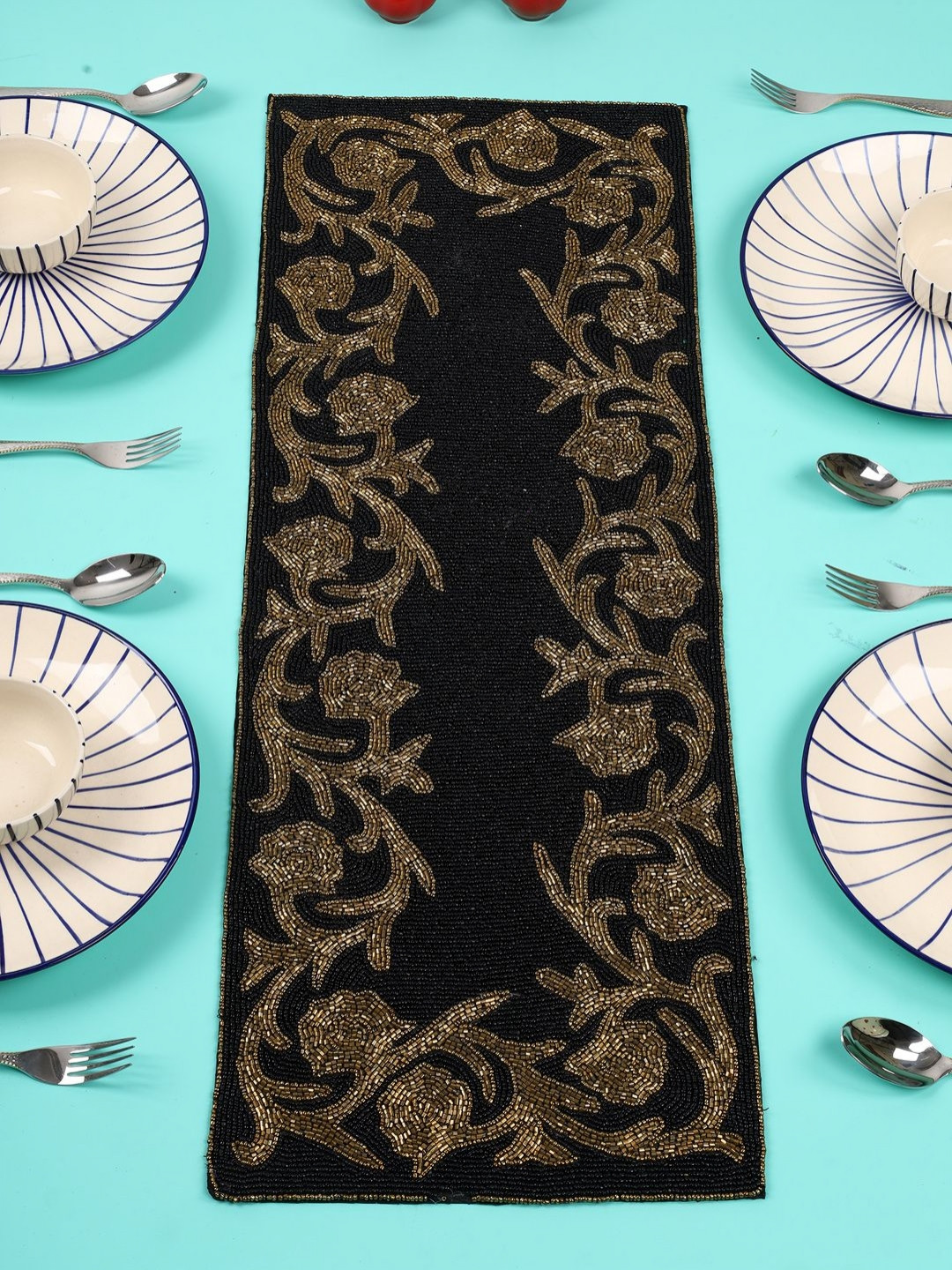 YWULY Black & Brown Embroidered Glass Beaded Dining Table Runner