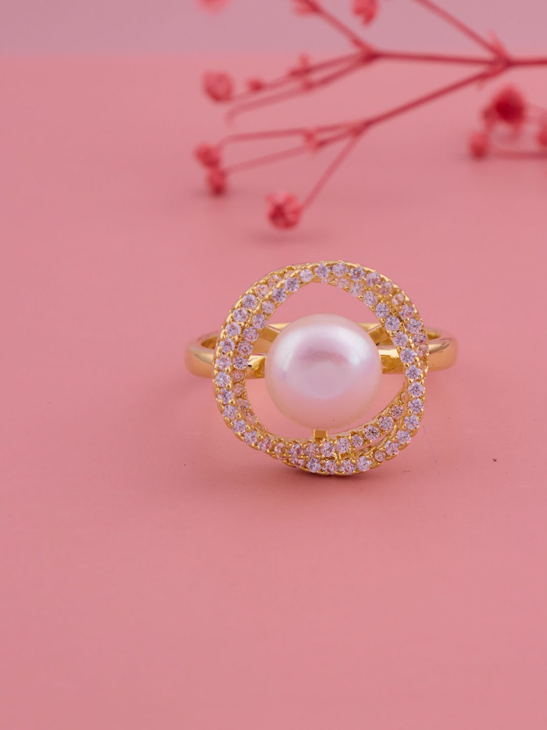 GC PREMIUM JEWELLERY Stainless Steel Gold-Plated CZ Studded & Pearls Beaded Finger Ring