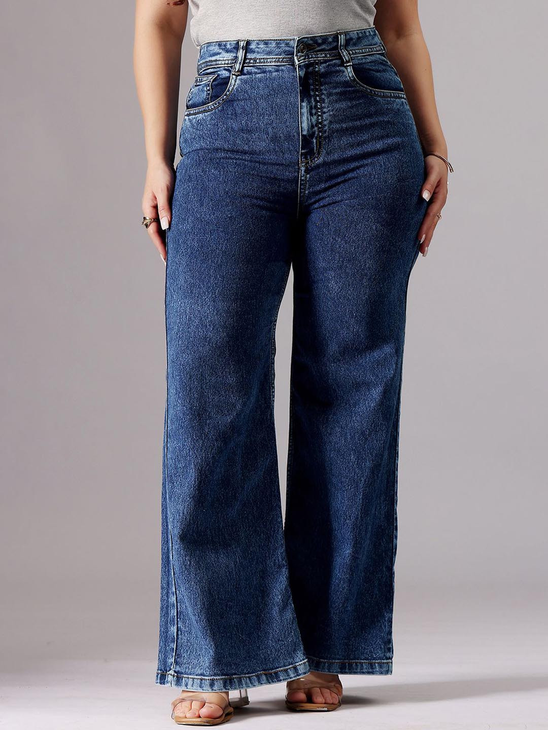 Miss Chase A+ Women Plus Size Mid Blue Wide-Leg High-Rise Regular-Length Stretchable Denim Jeans