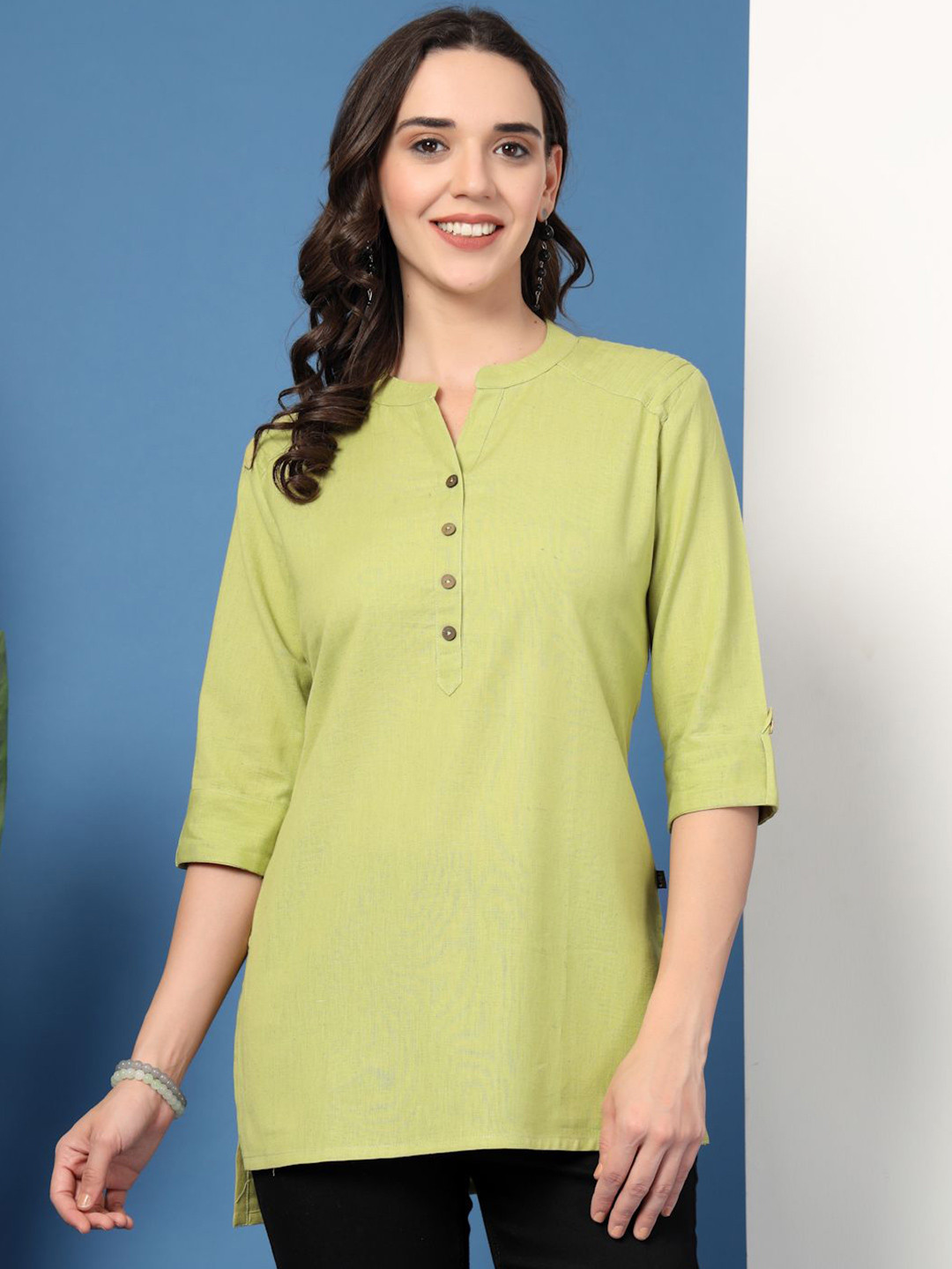 Pistaa Roll-Up Sleeves Mandarin Collar Pure Cotton Kurti